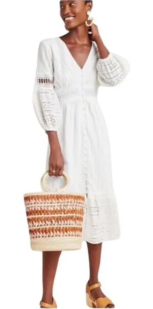 Anthropologie Ebba Midi White Eyelet Dress Size 4 thumbnail 1