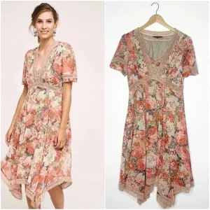 Ranna Gill Dress Floral V-Neck Embroidered Flowy Brown Rose Boutique Size 8 thumbnail 2