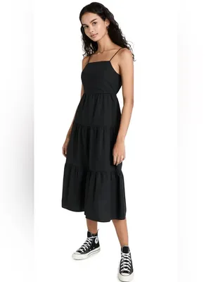 NWT RAILS Leni Dress S Black Cotton Poplin Tiered Midi Open Back Tie Back LBD thumbnail 2