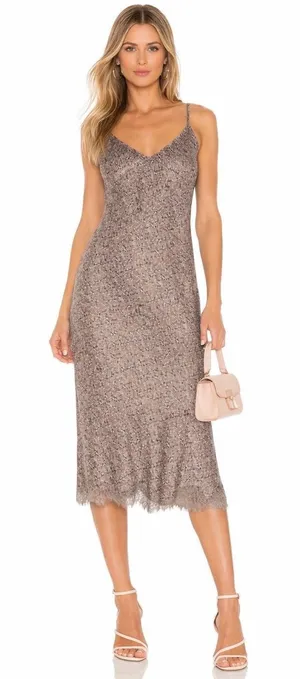Gold Hawk Chloe Silk Slip Dress Taupe Stained‎ Glass Print Lace Hem Sz Small thumbnail 1