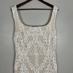 Ricarica Midi Dress‎ Sequin Mesh Womens 1X White Beige Lined Slit Sheath Fitted thumbnail 5