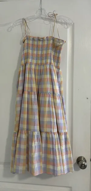 Amanda Uprichard Pastel Plaid Smocked Sundress in Yellow, Pink, Blue, Cream thumbnail 1