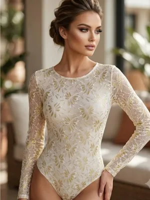 Aria Gold Floral Lace see through Bodysuit thumbnail 1