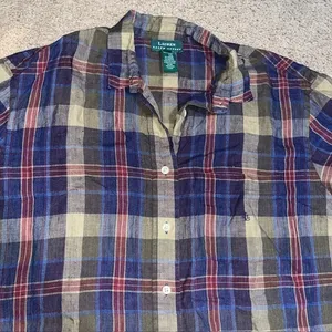Lauren Ralph Lauren Plaid Button Down Shirt‎ 100% Linen Embroidered Logo Large thumbnail 3