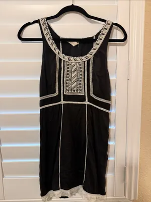 Free People Black Mini Dress with White Embroidered Trim thumbnail 2