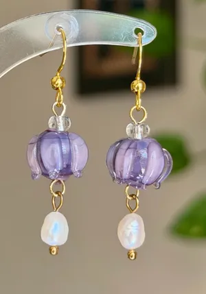 Lilly of the valley mini purple flower fairy cottage dainty dangle earrings 💜 thumbnail 1