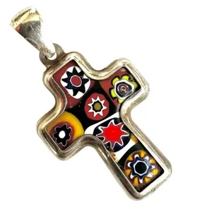 Sterling silver Vintage Murano Millefiori Cross Pendant thumbnail 7