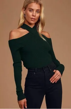 NWT- Lulus Green Ribbed Cold Shoulder Cropped Sweater Top M thumbnail 1