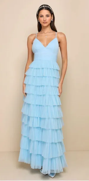 Lulus Radiant Event Light Blue Mesh Tiered Backless Maxi Dress thumbnail 1
