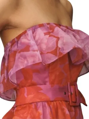 Anthropologie Strapless Tiered Maxi Dress Pink Orange Floral Ruffle Belted XL thumbnail 3