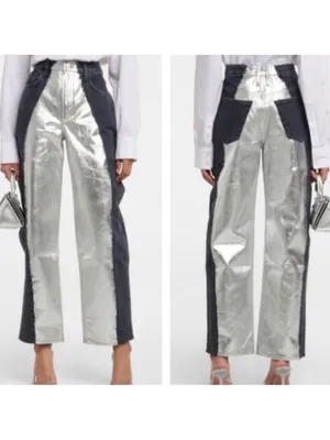 NWT FRAME Pieced Metallic Silver Black Straight Leg Jeans Size 26 Retail $448 thumbnail 2