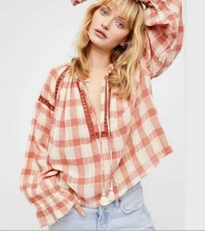 Free People Honey Grove Plaid Top Pink thumbnail 1