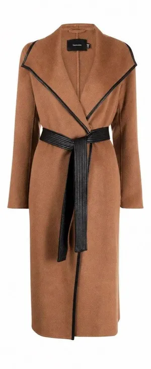 Tahari Wool Blend Faux Leather Trim Belted Coat Caramel Size Medium thumbnail 1