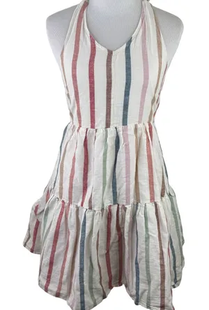 American Eagle Multicolor Striped Halter Tiered Linen Dress Size Small thumbnail 1