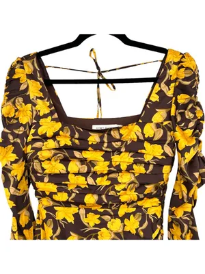 Floret Cottagecore Dark Floral Ruched Square Neck Dress Yellow Brown XS NWOT thumbnail 7