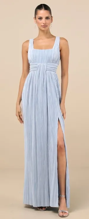 NWT Lulus Ameena Light Blue Plisse Square Neck Sash Maxi Dress Gala Banquet Sz L thumbnail 1