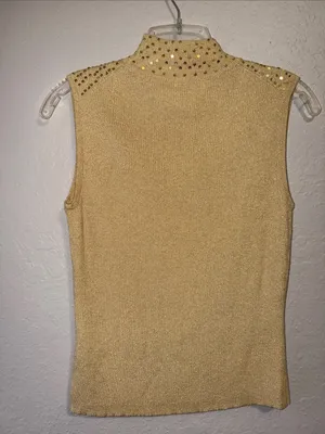 Vintage sparkling sequin Gold Sweater turtleneck sleeveless elegant 90s grandma thumbnail 3