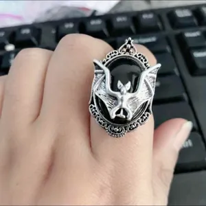 Bat Black Faux Gemstone Open Finger Adjustable Ring‎ Silver Plated Faux Fashion thumbnail 7