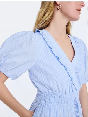 Free Assembly blue & white Tiered Ruffle Mini Dress with Short Puff Sleeves NWT thumbnail 4