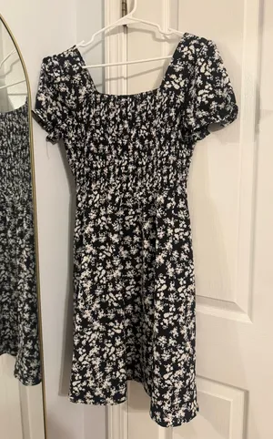 Black and cream floral sun dress smocked midi dress thumbnail 1