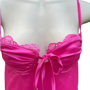 Hot Pink Satin Lace Slip Mini Dress NWT Size Small Ruched Spaghetti Strap Party thumbnail 6