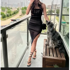 Nookie Black Mesh Ruched Maxi Dress XS Bustier Slimming Bodycon Designer $380 thumbnail 13