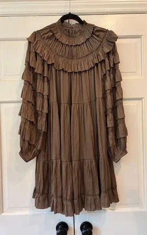 Ulla Johnson Elsa Mini Dress Mica Taupe Ruffled Tiered Satin Size Medium Large thumbnail 1