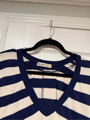 NWOT Free People We The Free Size XL Blue Cream Striped Thermal Knit V Neck Top thumbnail 2
