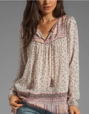 Free People Blouse S Floral Metallic Tassel Peasant Blouse Pink Cream Cottage thumbnail 1