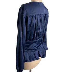 Jason Wu NWT Navy Satin Long Sleeve Corset Waist Blouse size Medium thumbnail 7