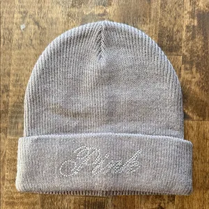 VS PINK Taupe Knit Beanie Sparke Embellished Logo thumbnail 1