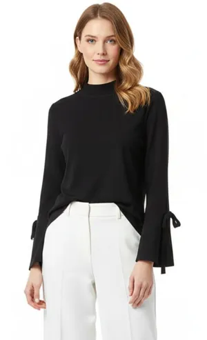 Fate Black Ribbed Knit Long Bell Sleeve Mock Turtleneck Sweater Top L thumbnail 1