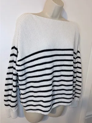 French Connection XS White Black Stripe Knit Boat Neck Sweater Cotton thumbnail 4