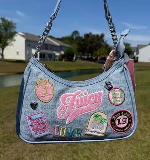 Juicy Couture "Run The World" light blue denim embroidered patches shoulder bag thumbnail 1