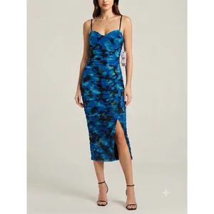 BCX Macys Dress Womens XS Blue Abstract Floral Ruched Mesh Midi Bodycon Slit thumbnail 4