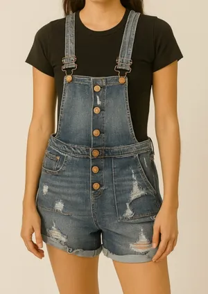 XS High Rise Distressed Jean Overalls – Vintage Look Short Romper (F10) thumbnail 1