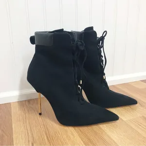 GOOD AMERICAN Black Suede Stiletto Lace Up Ankle Boot Bootie Hiking Size 5.5 New thumbnail 2