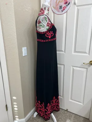 INC International Concepts Black Maxi Dress with red Embroidery size L thumbnail 3