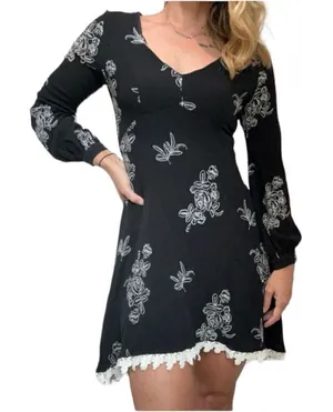 Womens Altar’d Altard State Black Floral Lace Hem Long Sleeve V Neck Dress Sz S thumbnail 1