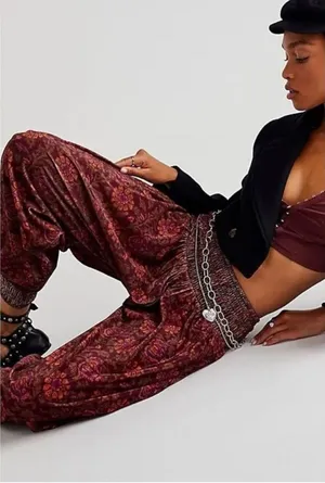 Free People FP One Marla Velvet Harem Gypsy Pants Plum Bohemian Medium M thumbnail 1