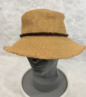 Sun N Sand Tan Woven Straw Bucket Hat UPF 50+ Wood Bead Band Adjustable thumbnail 1