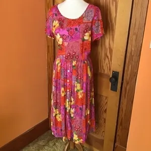 BILA Boho Patchwork Floral Midi Dress Pink Red Rayon Size Small thumbnail 6
