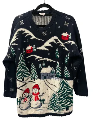 Vtg 80s 90s Nutcracker Ugly Christmas Sweater Navy Blue Snowman Winter Scene L thumbnail 1