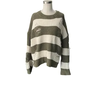 POL Distressed Olive & Cream Striped Knit Sweater - Size Small pullover thumbnail 9