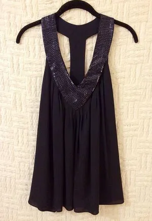 Alice + Olivia Sequin V-Neck Blouse Top Tank Dark Blue Large thumbnail 1