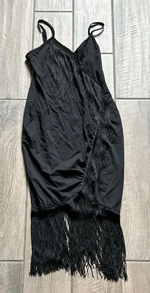 Black Asymmetrical fringe Dress with Spaghetti Straps thumbnail 1