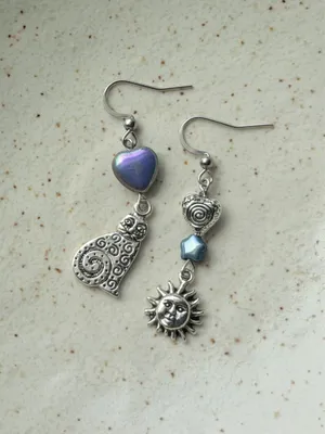 Handmade boho whimsy celestial cat quality Czech glass beads dangle earrings💜🐈 thumbnail 4