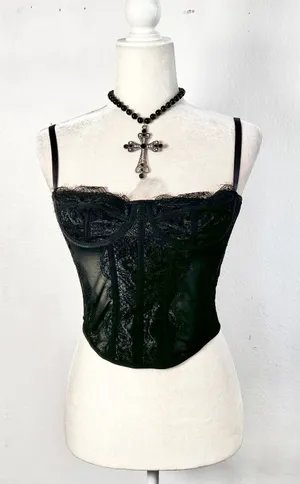 Black Corset‎ Bustier Tank Top Sz Small Lace Gothic Vampire Witchy Grunge Emo thumbnail 1