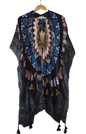 Woven Heart Kaftan Women Large Black Excellent Mandala Print Tassel Hem Festival thumbnail 1