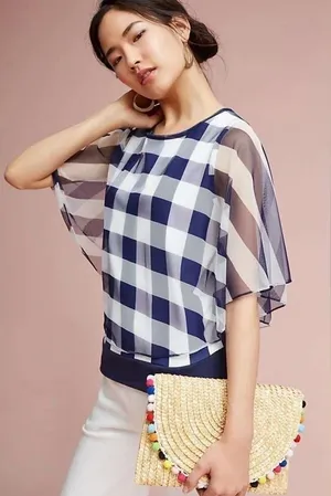Anthropologie Postage Stamp Blue Gingham Elsie Blouse - size Small New thumbnail 1